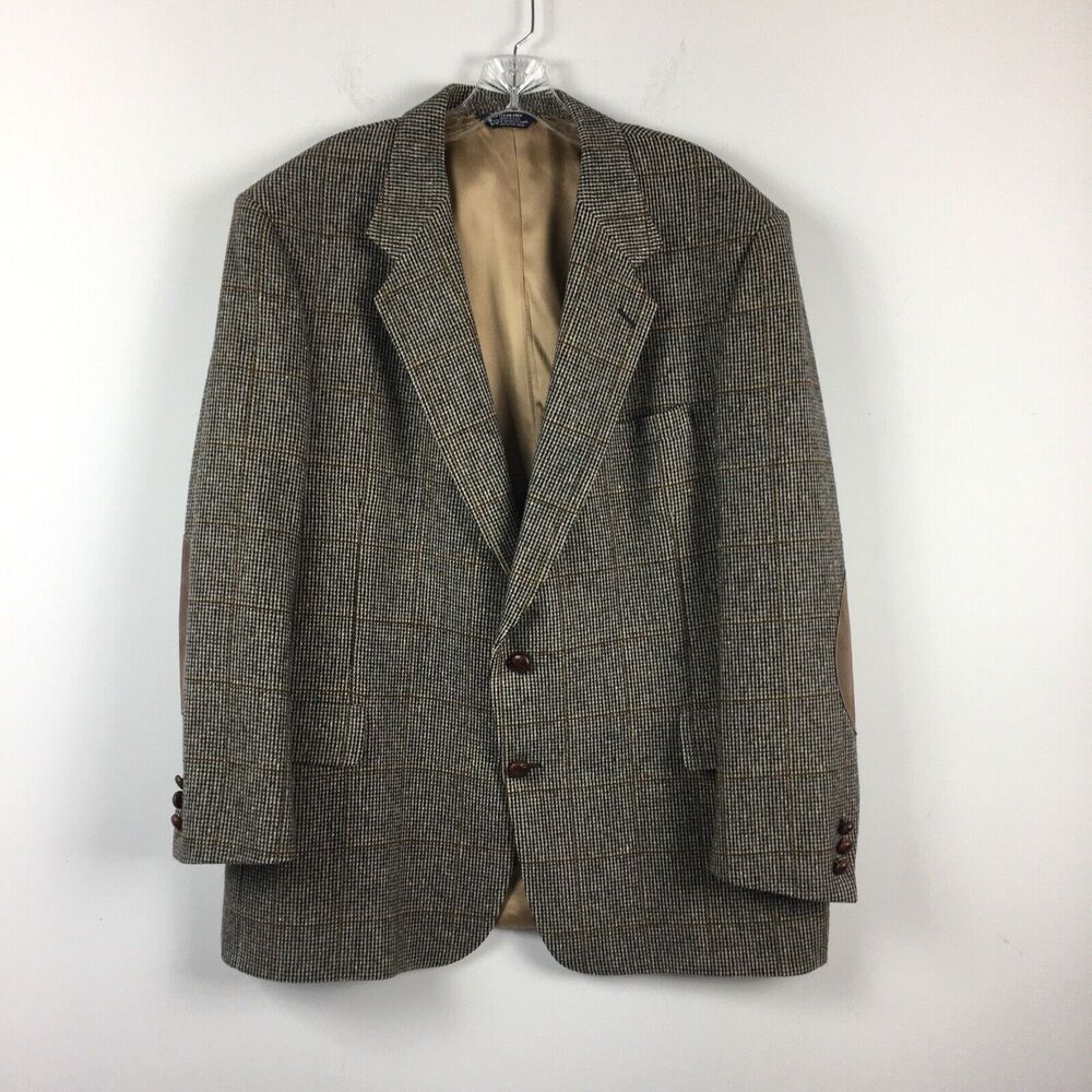 VTG Sterling Hunt Tweed Blazer Two Button Brown Plaid Wool Elbow Patch Size 48